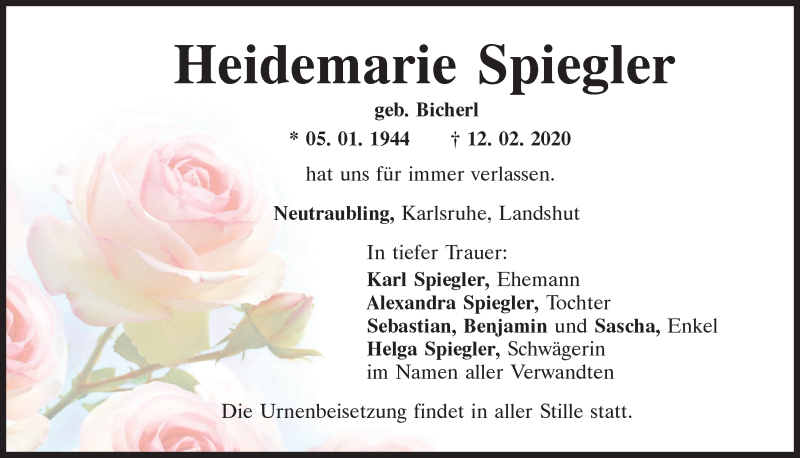  Traueranzeige für Heidemarie Spiegler vom 15.02.2020 aus Mittelbayerische Zeitung Regensburg