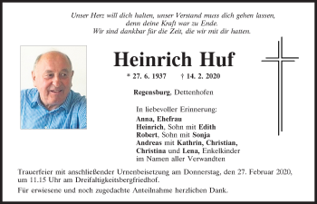 Traueranzeige von Heinrich Huf von Mittelbayerische Zeitung Regensburg