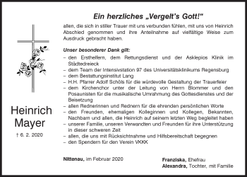 Traueranzeige von Heinrich Mayer von Mittelbayerische Zeitung Schwandorf