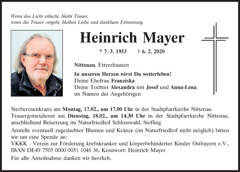  Traueranzeige für Heinrich Mayer vom 15.02.2020 aus Mittelbayerische Zeitung Schwandorf