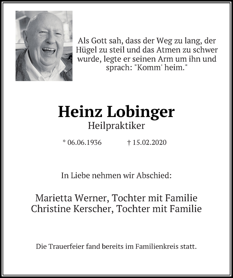  Traueranzeige für Heinz Lobinger vom 28.02.2020 aus Mittelbayerische Zeitung Schwandorf
