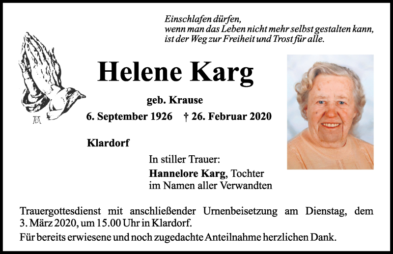  Traueranzeige für Helene Karg vom 28.02.2020 aus Mittelbayerische Zeitung Schwandorf
