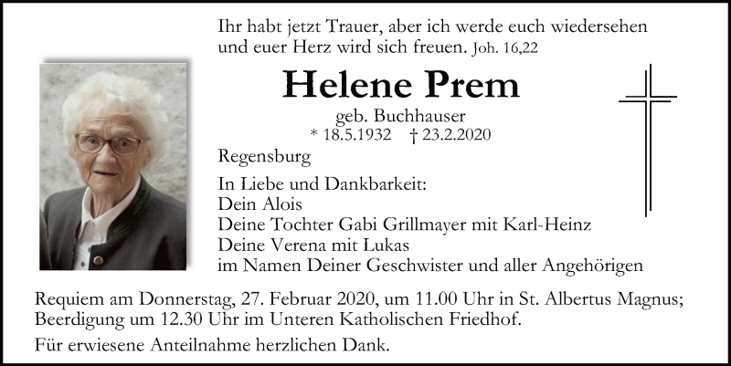  Traueranzeige für Helene Prem vom 25.02.2020 aus Mittelbayerische Zeitung Regensburg