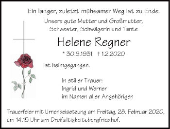 Traueranzeige von Helene Regner von Mittelbayerische Zeitung Regensburg