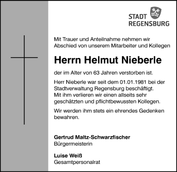 Traueranzeige von Helmut Nieberle von Mittelbayerische Zeitung Regensburg
