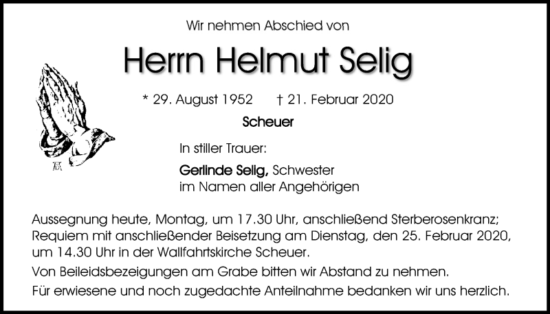  Traueranzeige für Helmut Selig vom 24.02.2020 aus Mittelbayerische Zeitung Regensburg