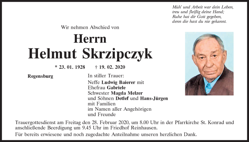  Traueranzeige für Helmut Skrzipczyk vom 26.02.2020 aus Mittelbayerische Zeitung Regensburg