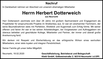 Traueranzeige von Herbert Dotterweich von Neumarkter Tagblatt