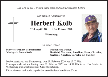 Traueranzeige von Herbert Kolb von Mittelbayerische Zeitung Kelheim