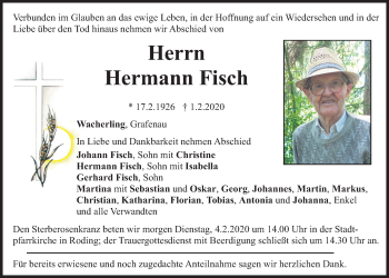 Traueranzeige von Hermann Fisch von Bayerwald Echo