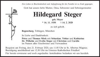 Traueranzeige von Hildegard Steger von Mittelbayerische Zeitung Regensburg