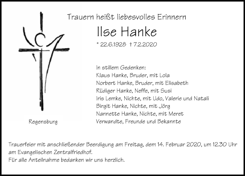  Traueranzeige für Ilse Hanke vom 12.02.2020 aus Mittelbayerische Zeitung Regensburg