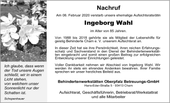 Traueranzeige von Ingeborg Wahl von Bayerwald Echo