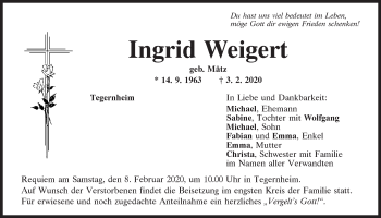 Traueranzeige von Ingrid Weigert von Mittelbayerische Zeitung Regensburg
