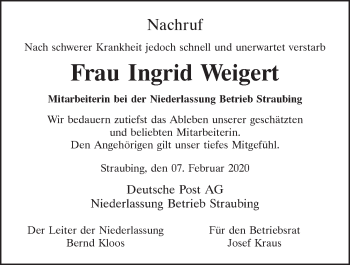 Traueranzeige von Ingrid Weigert von Mittelbayerische Zeitung Regensburg