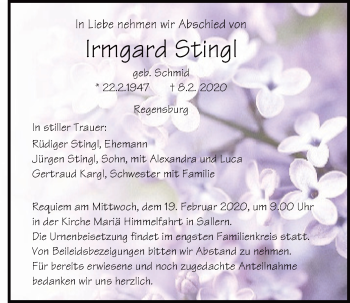 Traueranzeige von Irmgard Stingl von Mittelbayerische Zeitung Regensburg
