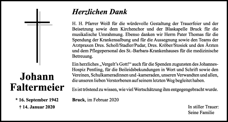  Traueranzeige für Johann Faltermeier vom 08.02.2020 aus Mittelbayerische Zeitung Schwandorf
