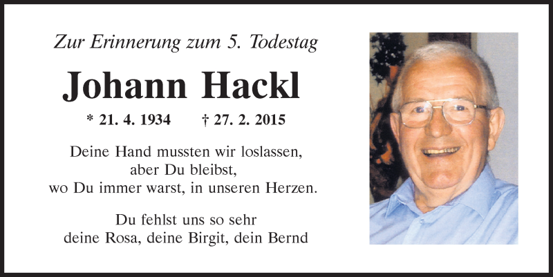  Traueranzeige für Johann Hackl vom 27.02.2020 aus Mittelbayerische Zeitung Regensburg