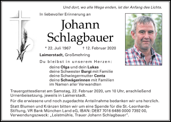 Traueranzeige von Johann Schlagbauer von Mittelbayerische Zeitung Kelheim