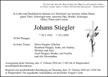 Traueranzeige von Johann Stiegler von Neumarkter Tagblatt