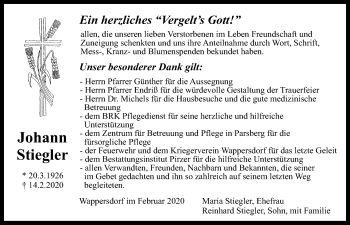 Traueranzeige von Johann Stiegler von Neumarkter Tagblatt