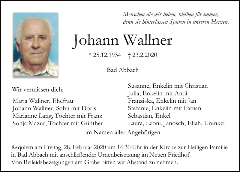  Traueranzeige für Johann Wallner vom 26.02.2020 aus Mittelbayerische Zeitung Regensburg