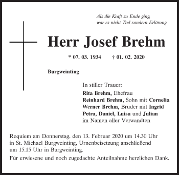 Traueranzeige von Josef  Brehm von Mittelbayerische Zeitung Regensburg