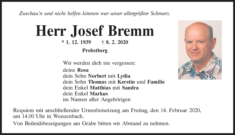  Traueranzeige für Josef Bremm vom 12.02.2020 aus Mittelbayerische Zeitung Regensburg