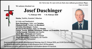 Traueranzeige von Josef Duschinger von Mittelbayerische Zeitung Schwandorf