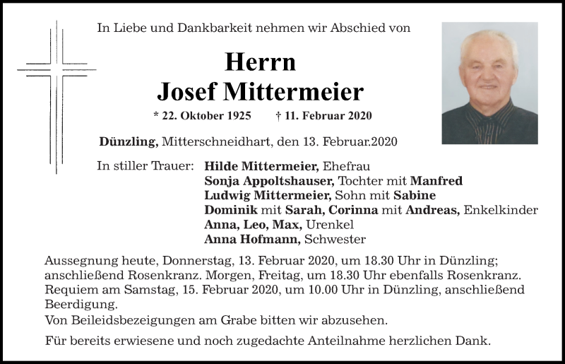  Traueranzeige für Josef Mittermeier vom 13.02.2020 aus Mittelbayerische Zeitung Regensburg