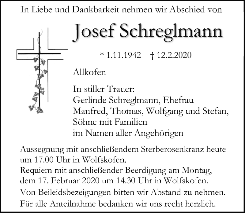  Traueranzeige für Josef Schreglmann vom 15.02.2020 aus Mittelbayerische Zeitung Regensburg