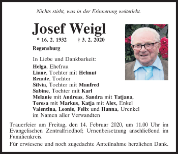 Traueranzeige von Josef Weigl von Mittelbayerische Zeitung Regensburg
