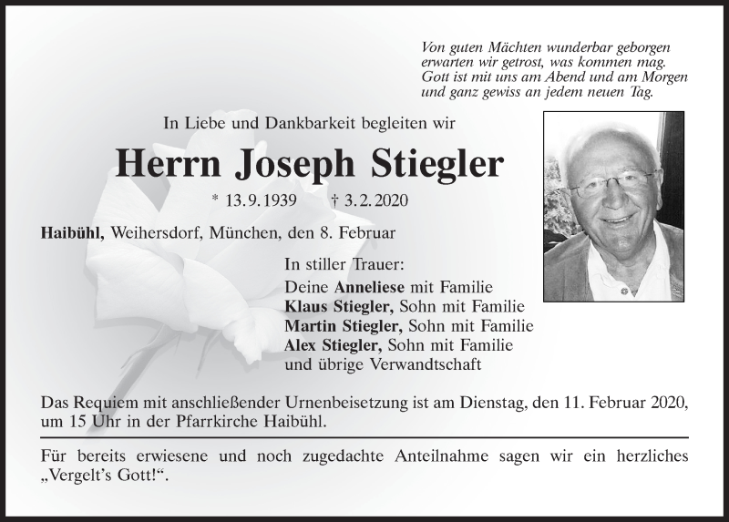  Traueranzeige für Joseph Stiegler vom 08.02.2020 aus Bayerwald Echo