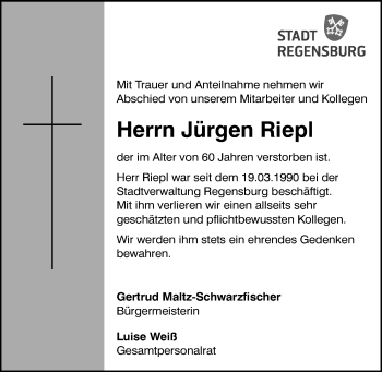 Traueranzeige von Jürgen Riepl von Mittelbayerische Zeitung Regensburg