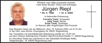 Traueranzeige von Jürgen Riepl von Mittelbayerische Zeitung Regensburg