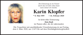 Traueranzeige von Karin Klopfer von Mittelbayerische Zeitung Regensburg