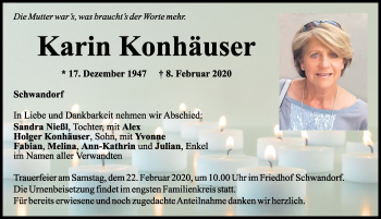 Traueranzeige von Karin Konhäuser von Mittelbayerische Zeitung Schwandorf