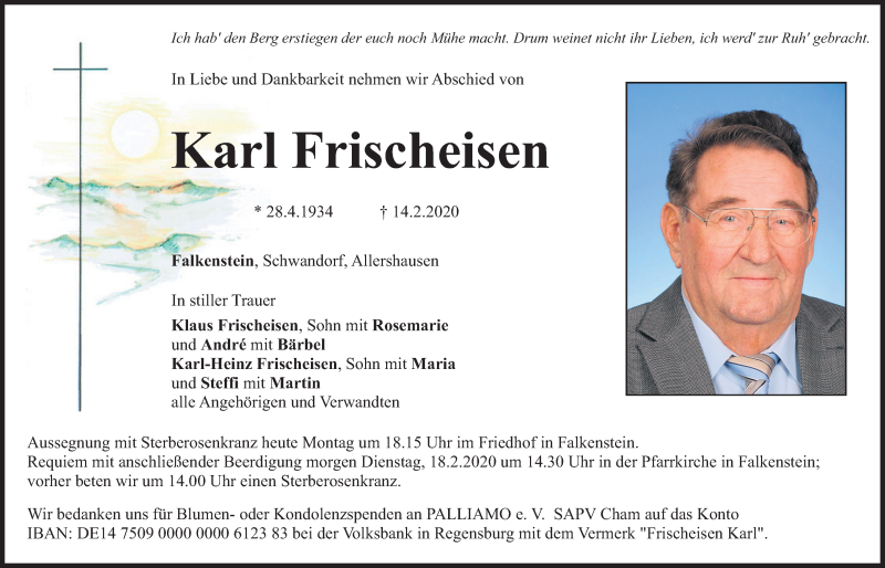  Traueranzeige für Karl Frischeisen vom 17.02.2020 aus Bayerwald Echo