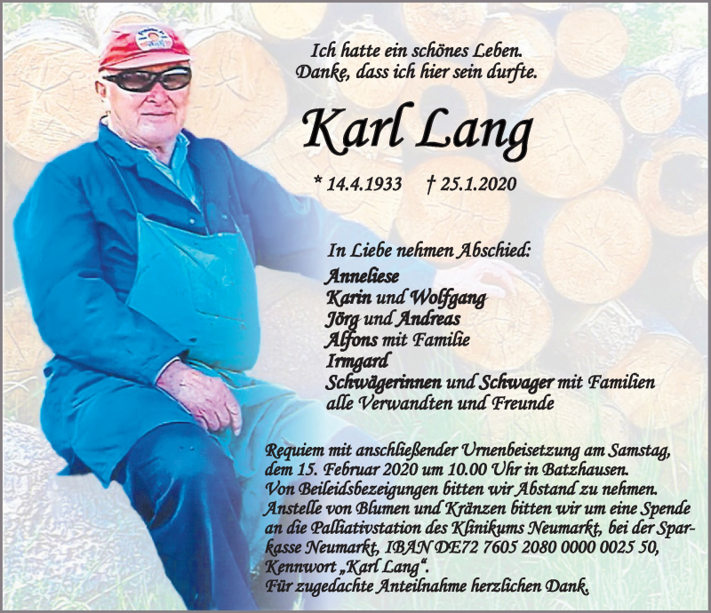  Traueranzeige für Karl Lang vom 12.02.2020 aus Neumarkter Tagblatt