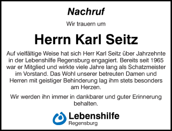 Traueranzeige von Karl Seitz von Mittelbayerische Zeitung Regensburg