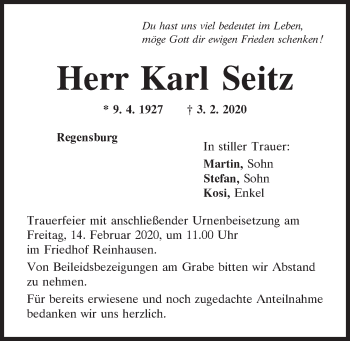 Traueranzeige von Karl Seitz von Mittelbayerische Zeitung Regensburg
