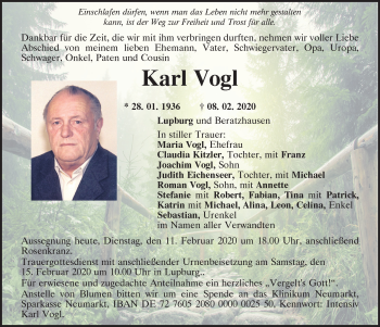 Traueranzeige von Karl Vogl von Neumarkter Tagblatt