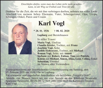 Traueranzeige von Karl Vogl von Neumarkter Tagblatt