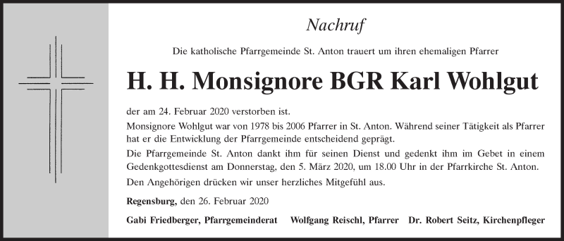  Traueranzeige für Karl Wohlgut vom 27.02.2020 aus Mittelbayerische Zeitung Regensburg