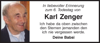 Traueranzeige von Karl Zenger von Mittelbayerische Zeitung Regensburg