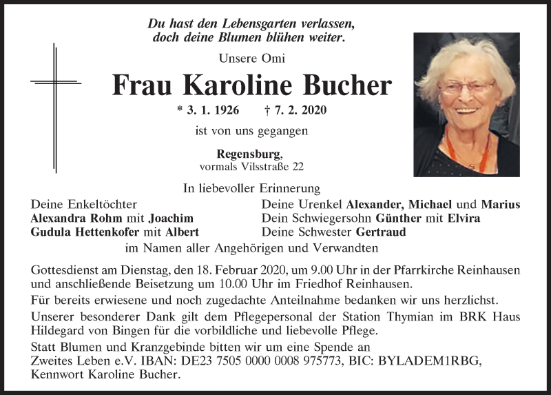  Traueranzeige für Karoline Bucher vom 15.02.2020 aus Mittelbayerische Zeitung Regensburg