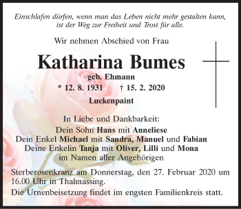 Traueranzeige von Katharina Bumes von Mittelbayerische Zeitung Regensburg
