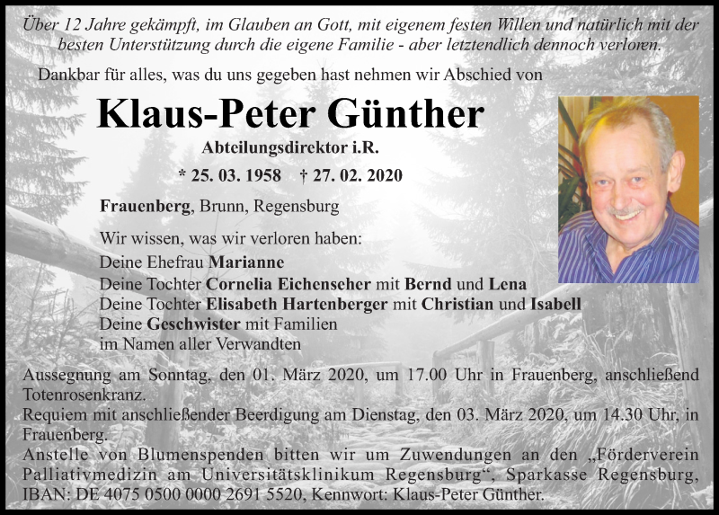  Traueranzeige für Klaus-Peter Günther vom 29.02.2020 aus Mittelbayerische Zeitung Regensburg