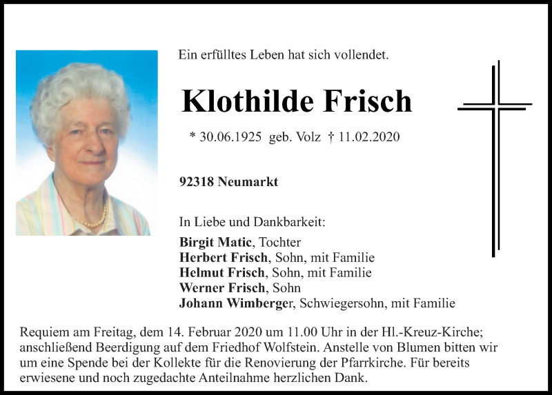  Traueranzeige für Klothilde Frisch vom 13.02.2020 aus Neumarkter Tagblatt