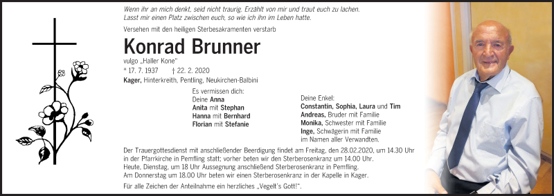  Traueranzeige für Konrad Brunner vom 25.02.2020 aus Bayerwald Echo